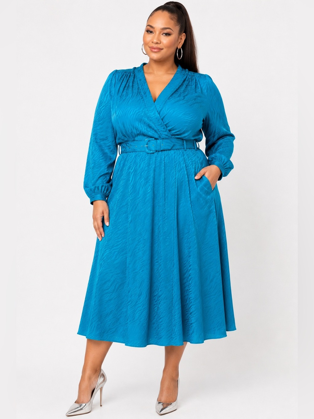 Vtg 80s Argenti Pure Silk Jacquard Midi Dress Teal Plus Size XL 1X [Tag 20]